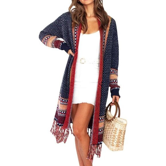 CCC Bohemian Aztec Tribal Print Knit Cardigan Fringe Multicolor Pattern Sweater - Picture 4 of 12